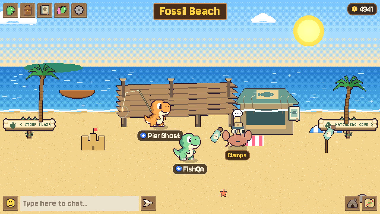 Dinos fishing off the pier at Fossil Beach