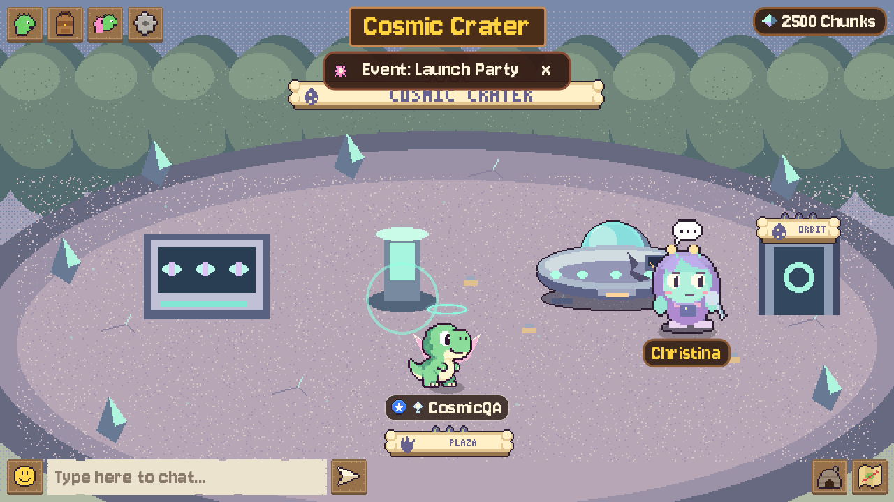 A dino visiting Christina's flying saucer in Cosmic Crater