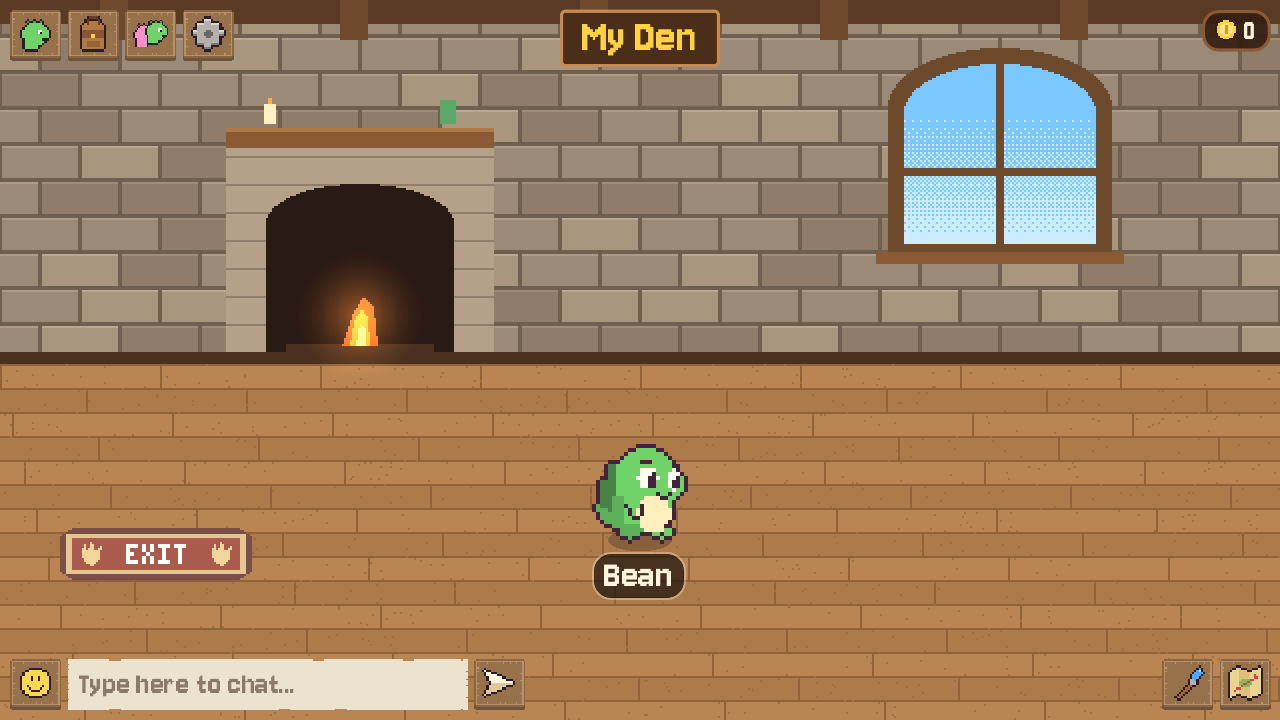 A dino by the fireplace in their den